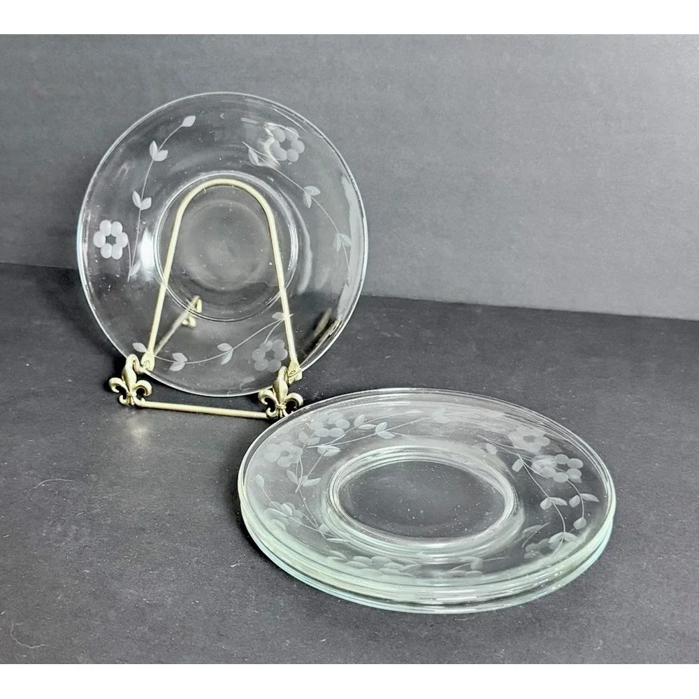 (4) Libbey‎ Halifax By Rock Sharpe Clear Floral Etched Glass Dessert Plate